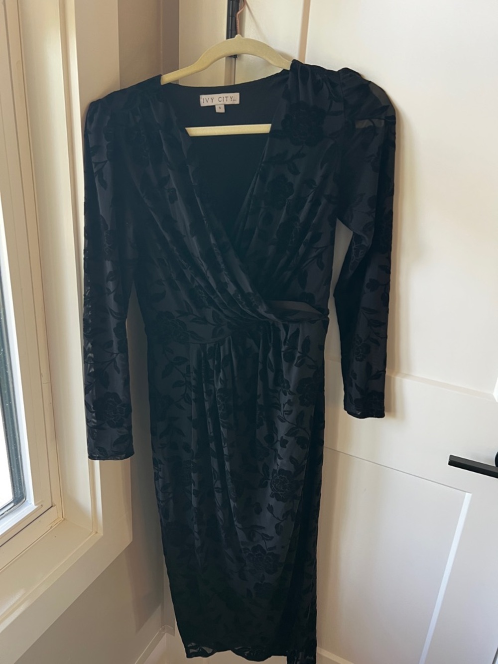 Ivy City Co Black Floral Burnout Wrap Midi Dress